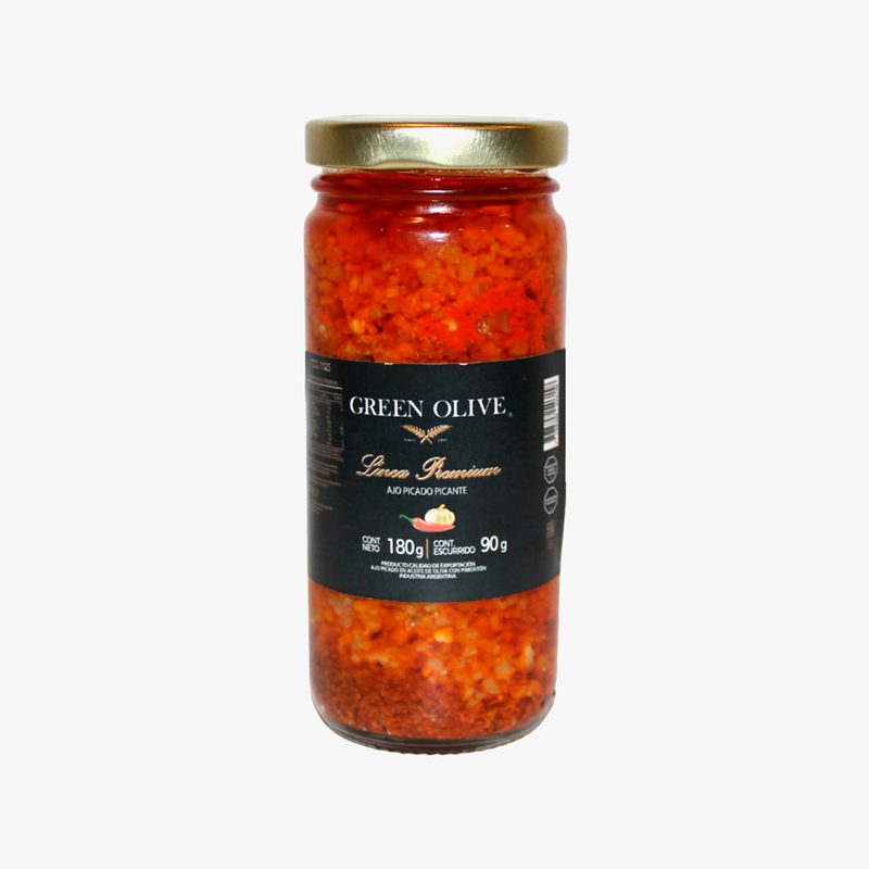 Ajo Picado Picante en Aceite con Aji y Pimenton x 120 Gr.VIDRIO