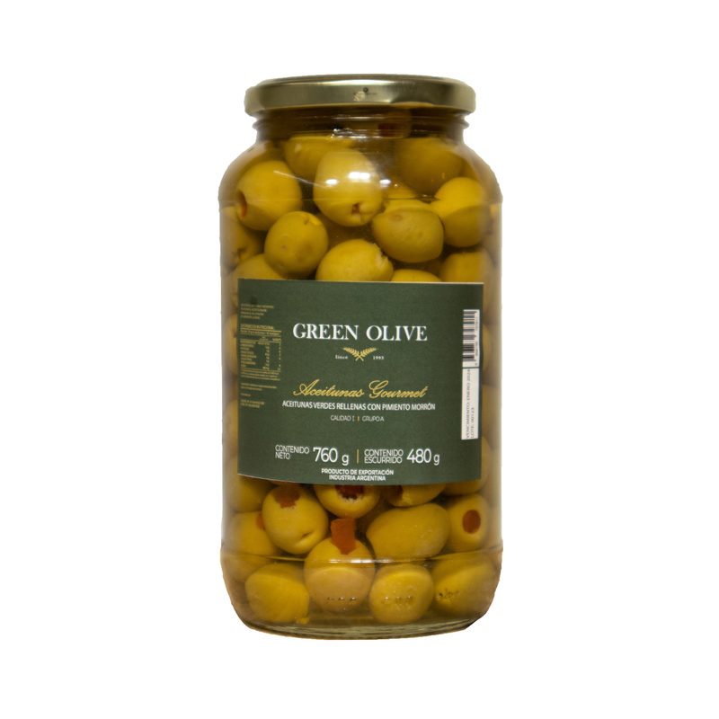 Aceitunas Verdes Rellenas con Pimiento Morron x 480 Gr. Esc. VIDRIO