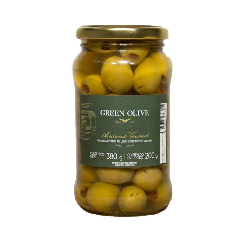 Aceitunas Verdes Rellenas con Pimiento Morron x 200 Gr. Esc. VIDRIO