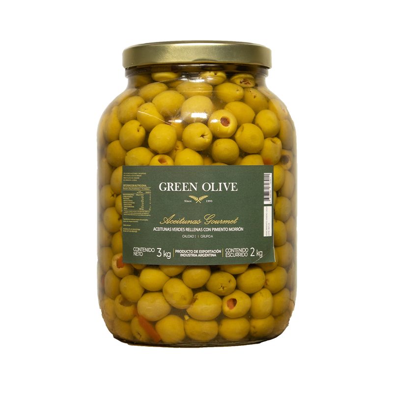 Aceitunas Verdes Rellenas con Pimiento Morron x 2 Kg. Esc. VIDRIO