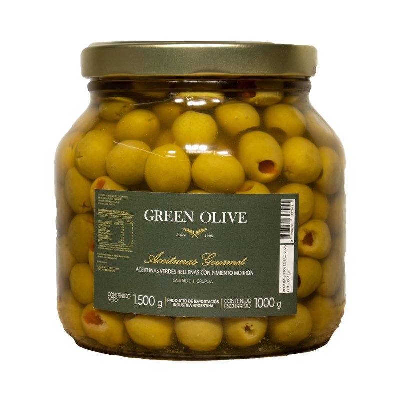 Aceitunas Verdes Rellenas con Pimiento Morron x 1 Kg. Esc. VIDRIO