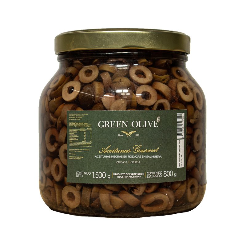 Aceitunas Negras Naturales en Rodajas x 800 Gr. Esc. VIDRIO