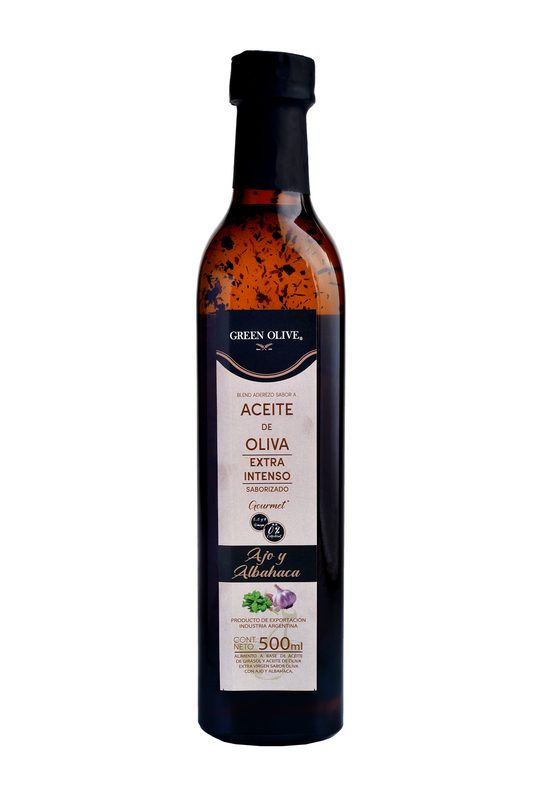 Aceite de Oliva Blend EXTRA INTENSO CON AJO Y ALBAHACA x 500 Ml. VIDRIO