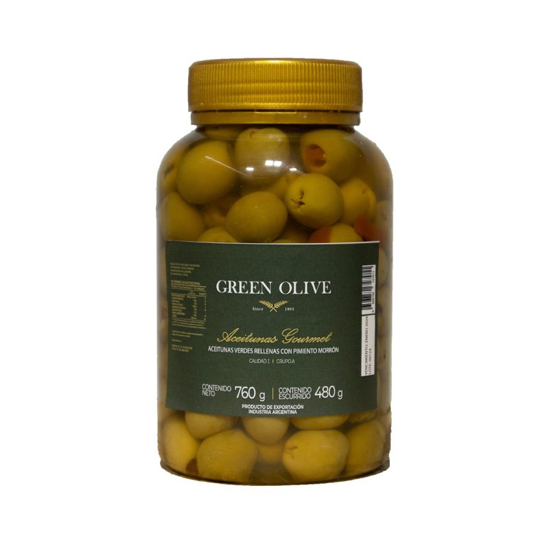 Aceitunas Verdes Rellenas con Pimiento Morron x 480 Gr. Esc. PET