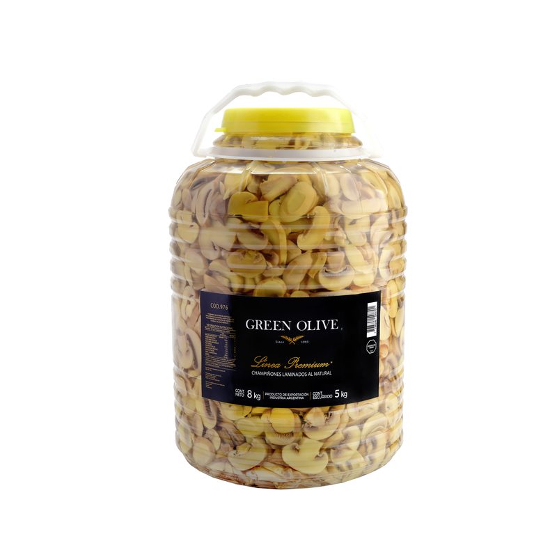 Champiñones Laminados al Natural x 5 Kg. Esc. (CALIDAD PREMIUM) GARRAFA