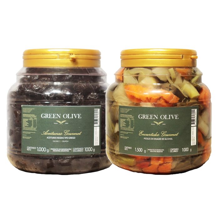 Combo Aceitunas Negras Griegas 1 Kg + Pickles Mixtos 1 Kg