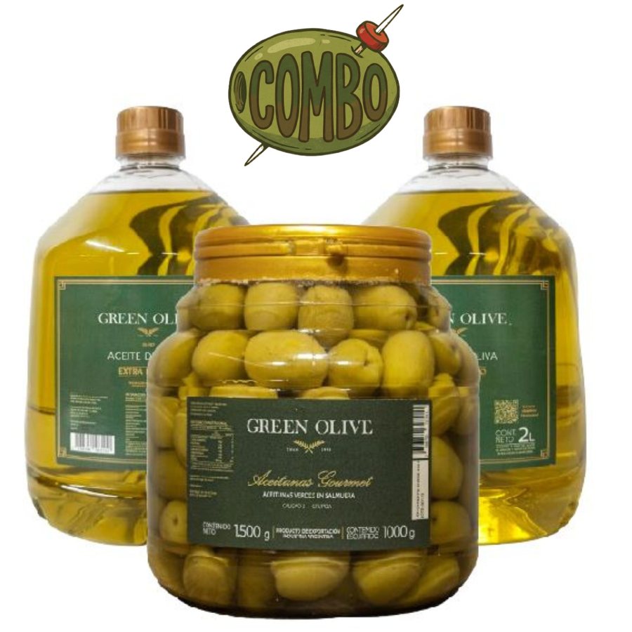 Combo Aceitunas Verdes N°1 Naturales + 2 Aceite Blend Extra Intenso 2L